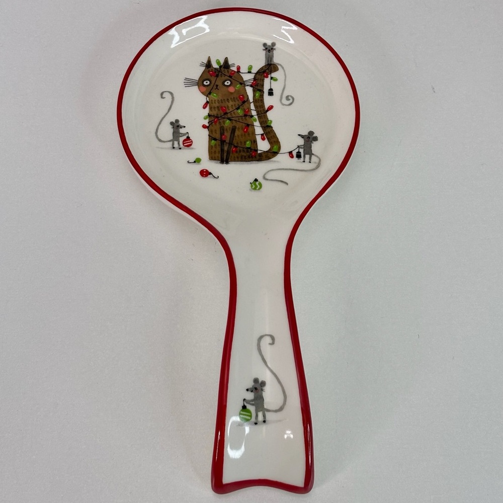 Spoon Rest Prima Design Ceramic Christmas Kitty Cat In Lights With Mice New
